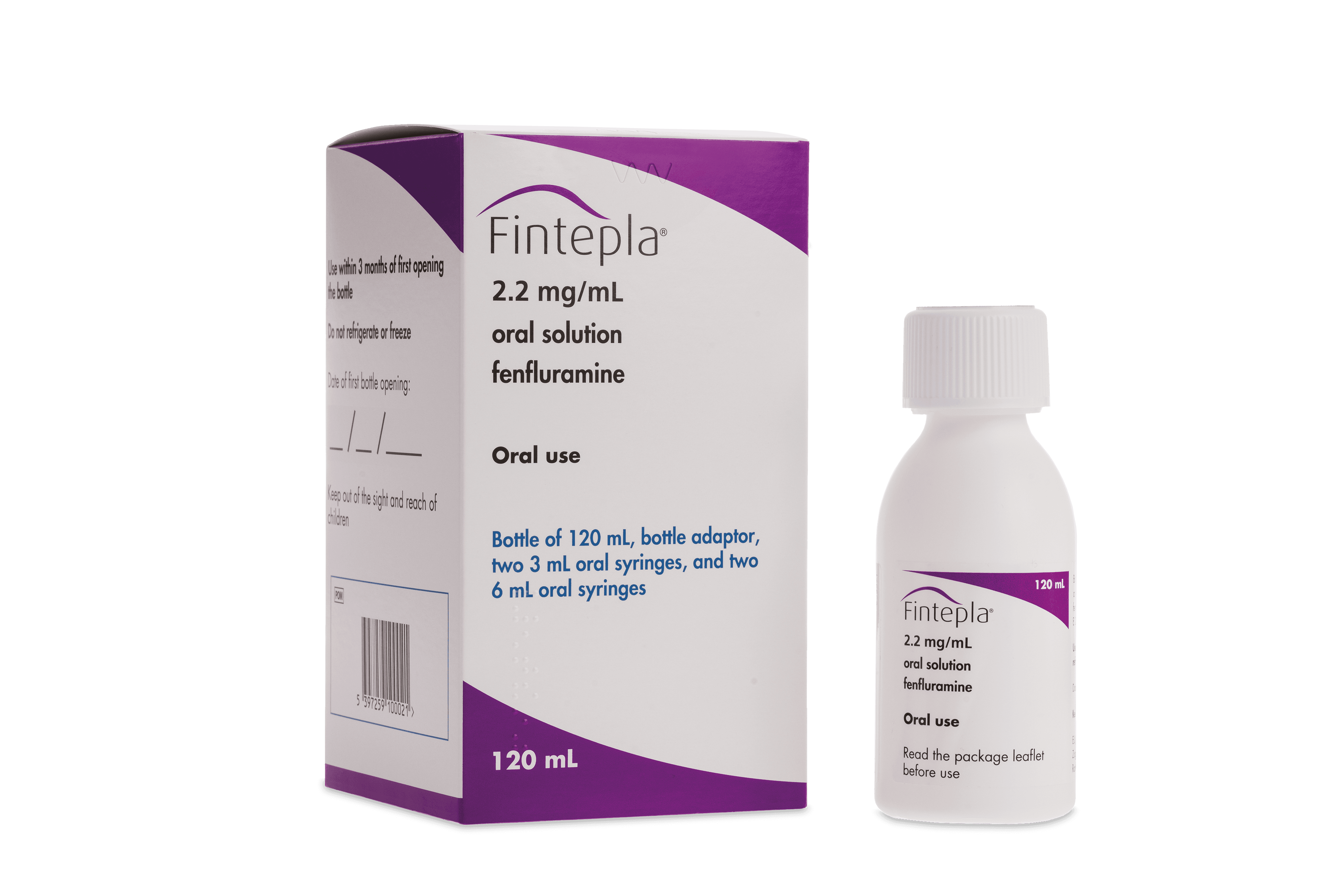 Fintepla oral solution bottle and carton packaging.